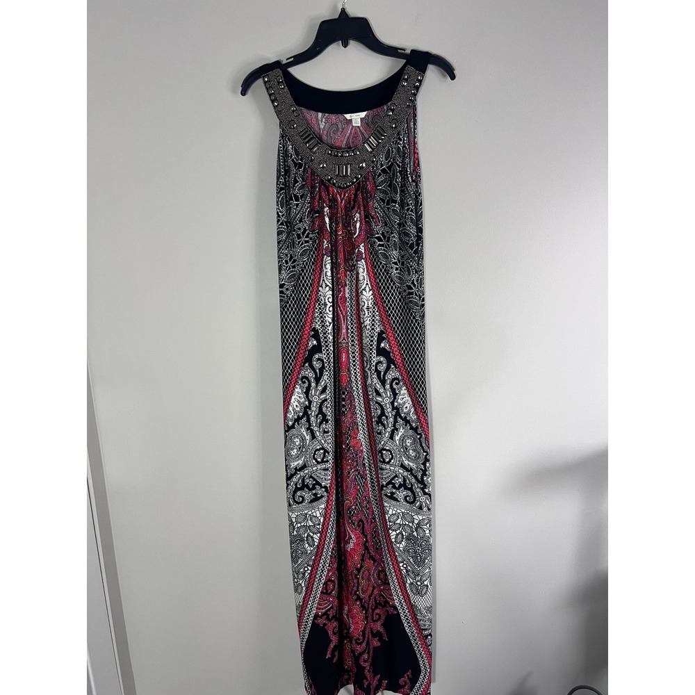 Est. 1946 Women Red Black Paisley Beaded Neckline Maxi Dress Large NEW